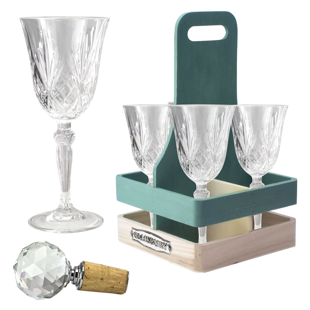 Wine Lovers Gift Set For 4  Crystal Wine Glasses, Stopper & Caddy